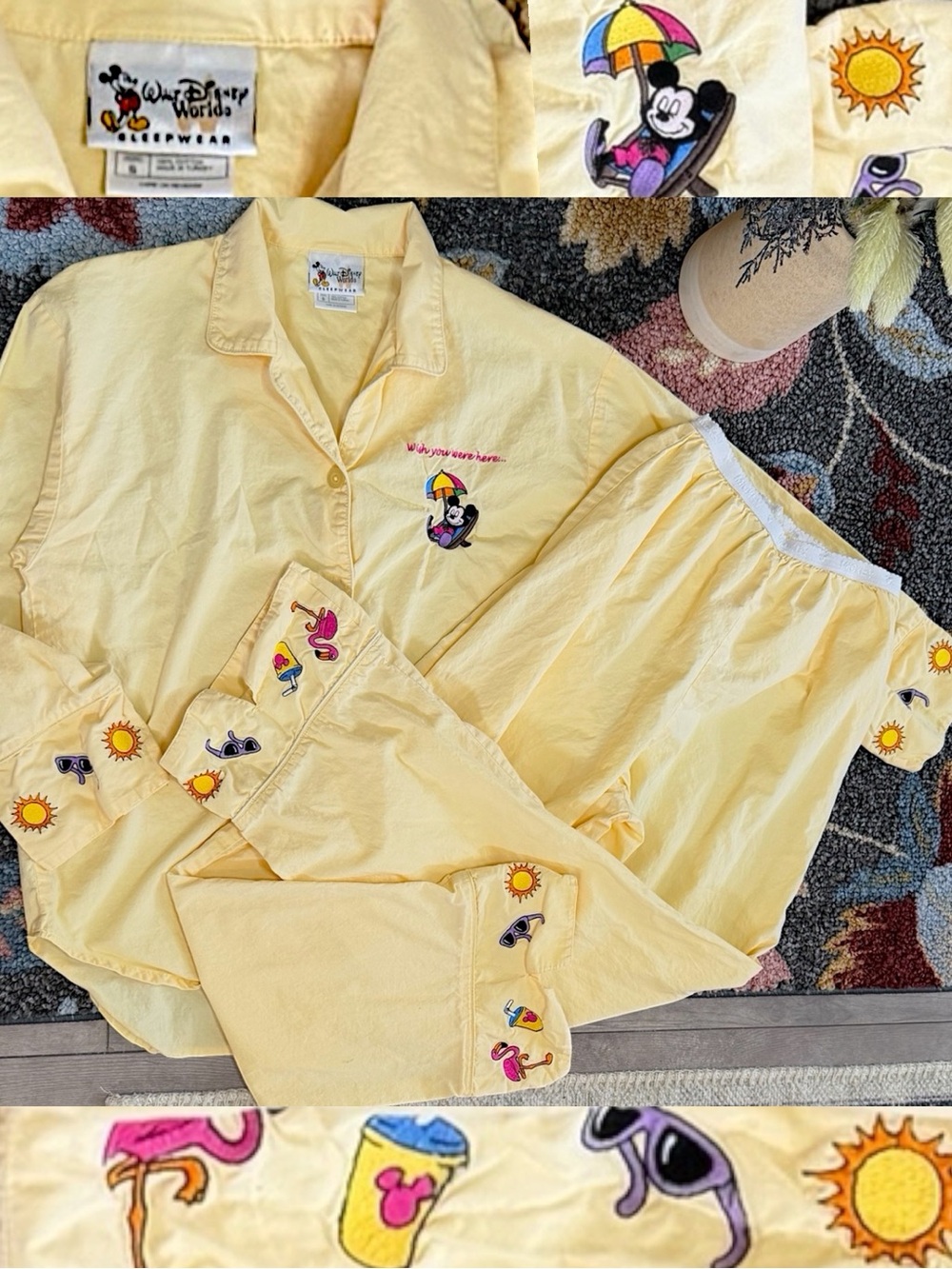 VTG 90s Disney World Mickey Mouse Embroidered Pajamas Set Women Small Cotton - Picture 2 of 16
